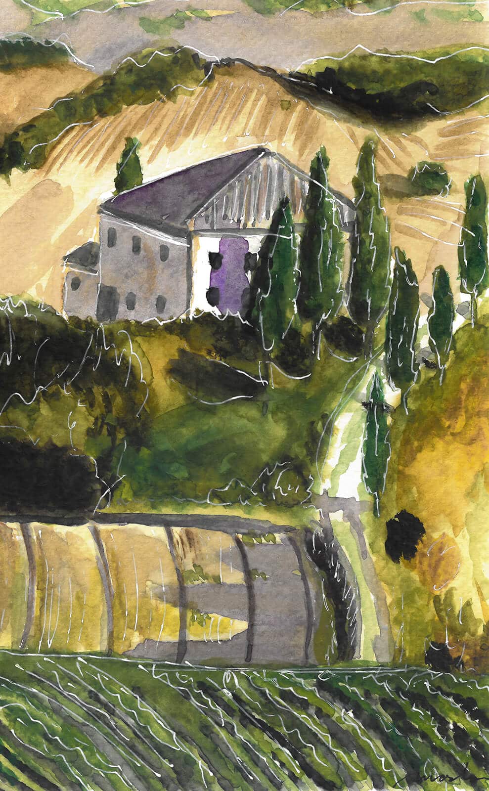 Obraz akvarel Vineyard 12,5 x 20 cm
